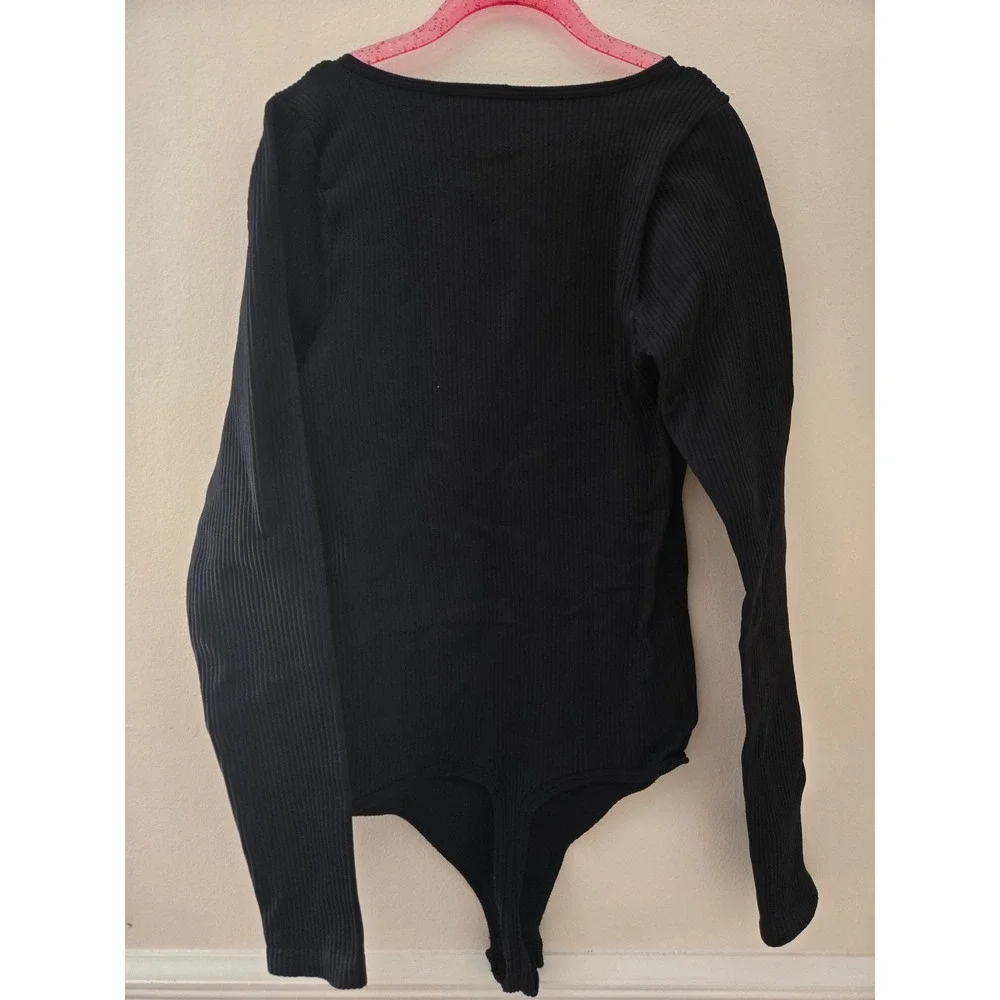Intimately Free People Womens Black Ribbed V-Neck‎ Long Sleeve Bodysuit M/L